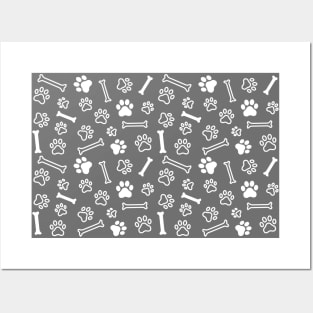 Pet - Cat or Dog Paw Footprint and Bone Pattern in Inverted Grey Tones Posters and Art